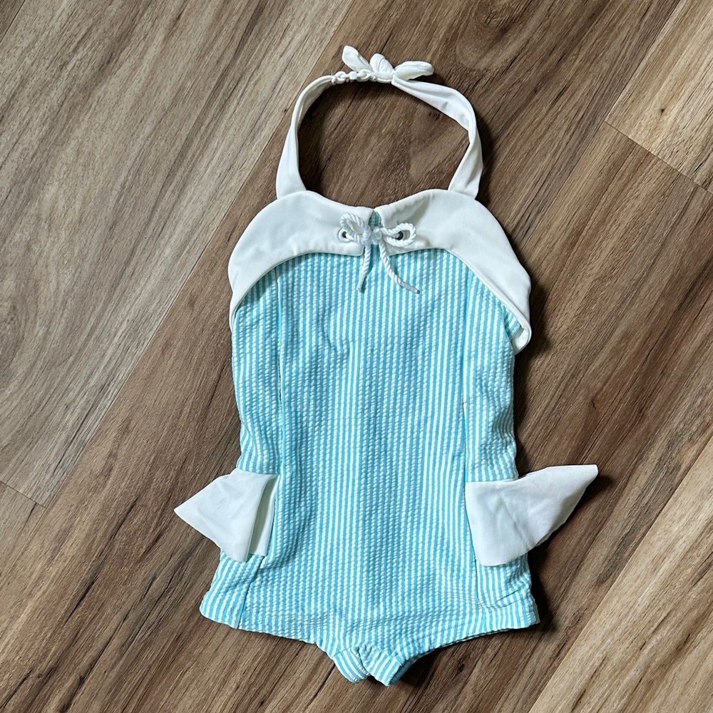 Blue and White Striped Halter Swimsuit